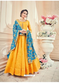 Splendid Yellow Silk Jacquard Anarkali Salwar Suit