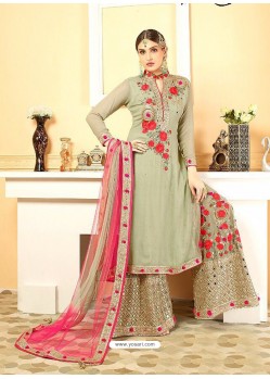 Amazing Faux Geogette Olive Green Embroidered Palazzo Suit