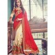 Adorable Cream And Red Embroidery Work Saree