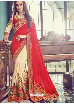 Adorable Cream And Red Embroidery Work Saree