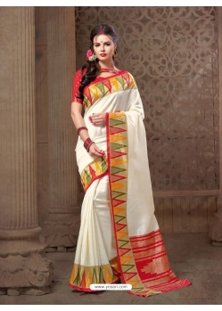 Traditional Off White Print Work Silk Saree