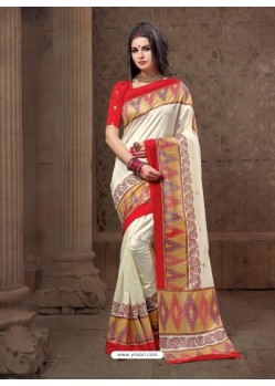 Unique Off White Print Border Saree