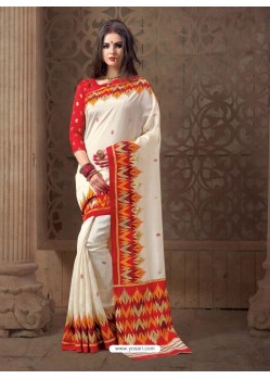 Marvelous Print Work Off White Saree