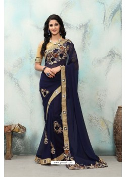 Awesome Navy Blue Silk Embroidered Saree