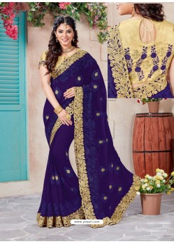 Traditional Blue Chiffon Embroidered Saree