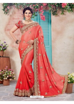 Adorable Red Crepe Chiffon Embroidered Saree