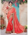 Adorable Red Crepe Chiffon Embroidered Saree