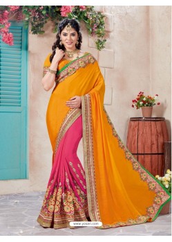 Awesome Orange Crepe Chiffon Embroidered Saree