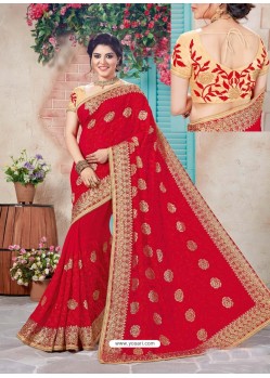 Impressive Red Georgette Embroidered Saree