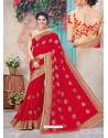 Impressive Red Georgette Embroidered Saree