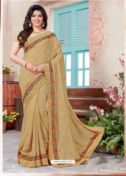 Traditional Beige Embroidered Crepe Chiffon Saree