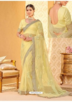 Designer Yellow Embroidered Net Saree
