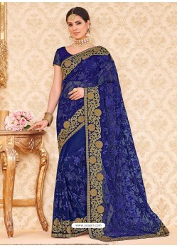 Adorable Blue Net Embroidered Saree