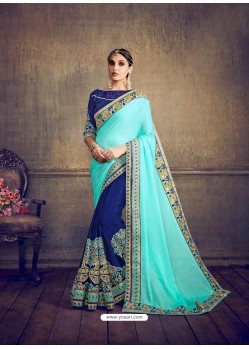 Adorable Moss Chiffon Navy Blue Embroidered Saree