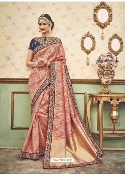 Traditional Peach Silk Embroidered Saree