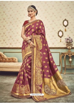 Traditional Mauve Silk Embroidered Saree