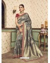 Unique Grey Silk Embroidered Saree