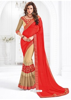 Traditional Beige Marble Chiffon Embroidered Saree