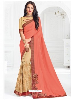 Marvelous Beige Moss Chiffon Embroidered Saree