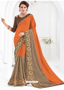 Awesome Orange Net Pattern Embroidered Saree