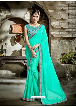 Awesome Sea Green Embroidered Saree