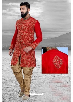 Unique Red Art Silk Embroidered Sherwani