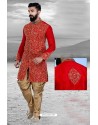 Unique Red Art Silk Embroidered Sherwani