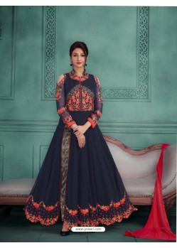 Amazing Navy Blue Georgette Embroidered Floor Length Suit