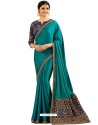 Teal Silk Embroidered Party Wear Saree