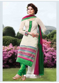 Off White And Green Cotton Churidar Suit