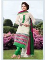 Off White And Green Cotton Churidar Suit