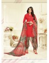 Stylish Red Cotton Printed Suit