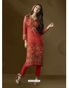 Beautiful Red Cotton Satin Printed Suit