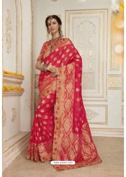 Beauteous Crimson Jacquard Silk Embroidered Saree