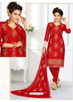 Pleasing Red Cotton Embroidered Suit