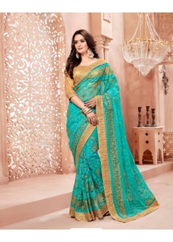 Magnificent Turquoise Net Embroidered Saree