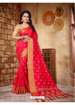 Radiant Red Silk Embroidered Saree