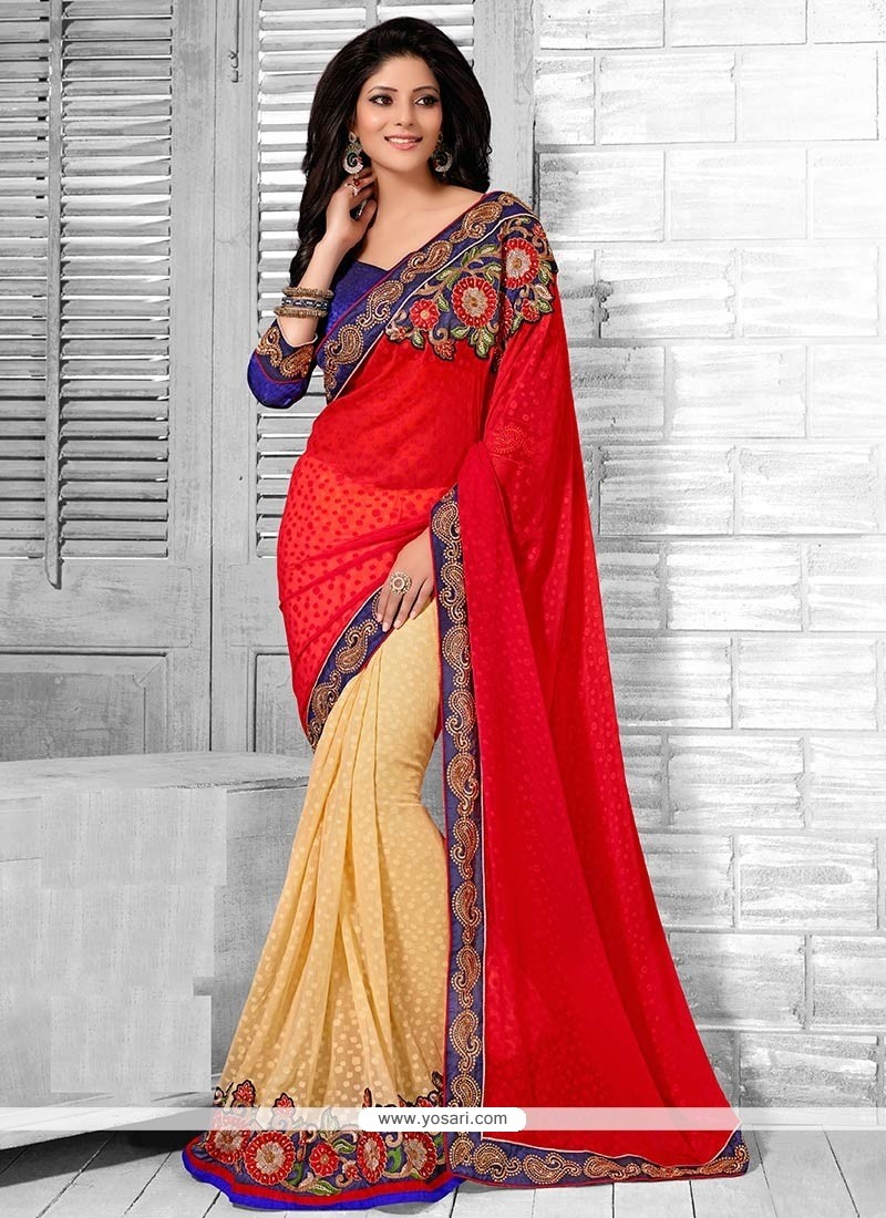Yellow And Red Georgette Half And Half Saree