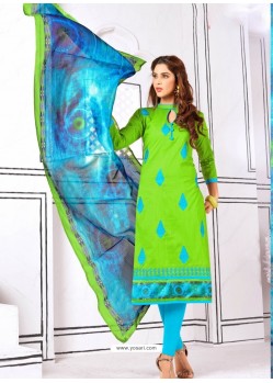 Enhanting Parrot Green Cotton Embroidered Suit