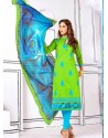 Enhanting Parrot Green Cotton Embroidered Suit