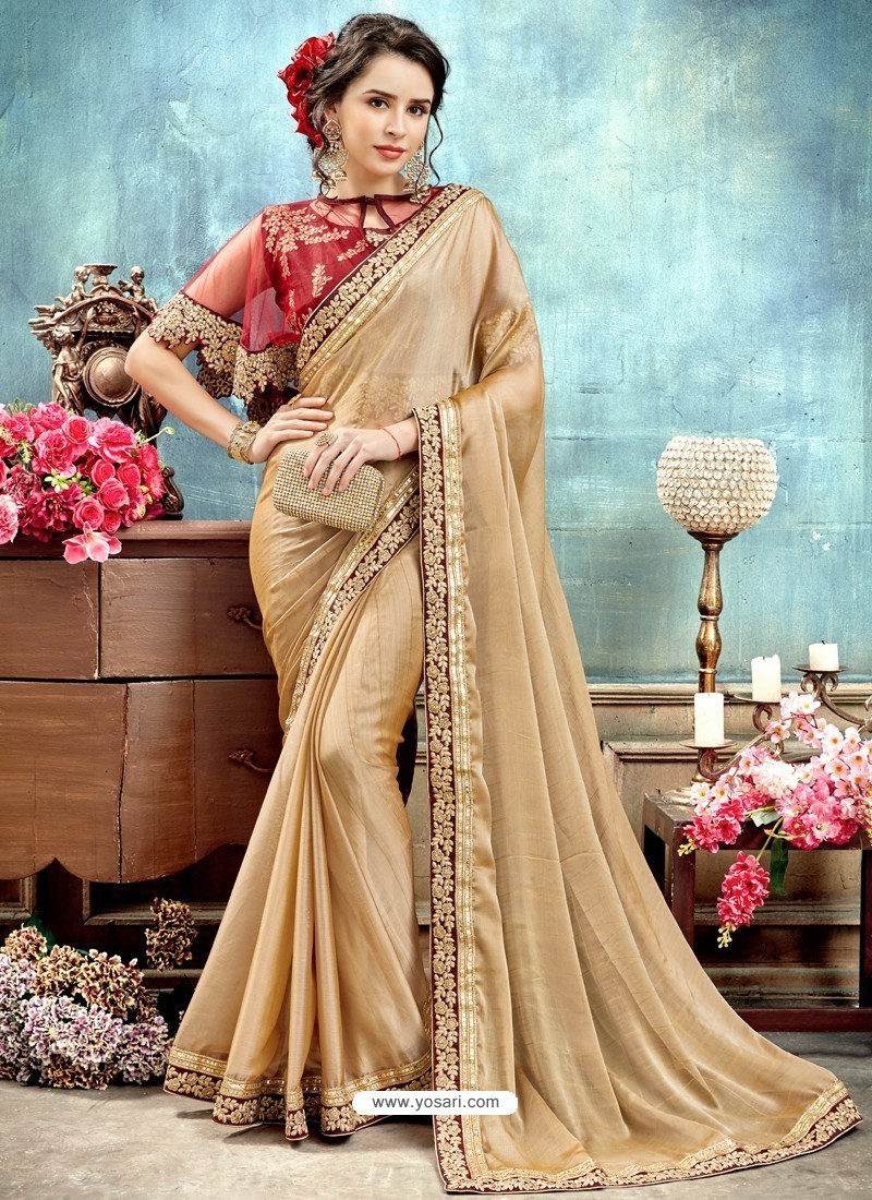 Buy Golden Chiffon Embroidered Saree | Designer Sarees