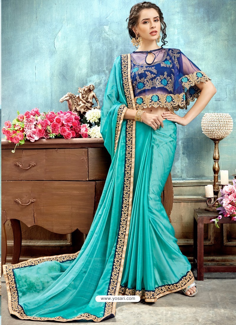 Buy Turquoise Chiffon Embroidered Saree | Designer Sarees