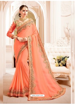 Peach Embroidered Lace Work Saree