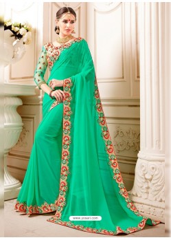 Jade Green Embroidered Lace Work Saree