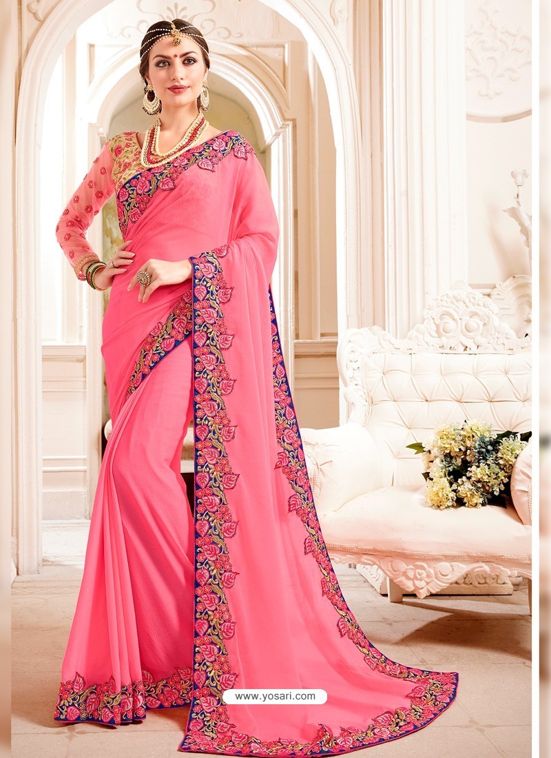 Embroidery Work Vichitra Silk Fabric With Embroidery Work Lace Work Saree -  THE52 - 4111578