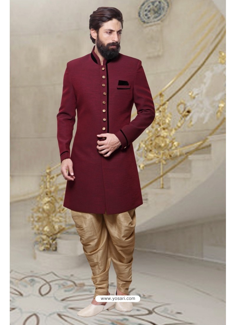 Buy Superb Maroon Handloom Sherwani | Dhoti Style Sherwani