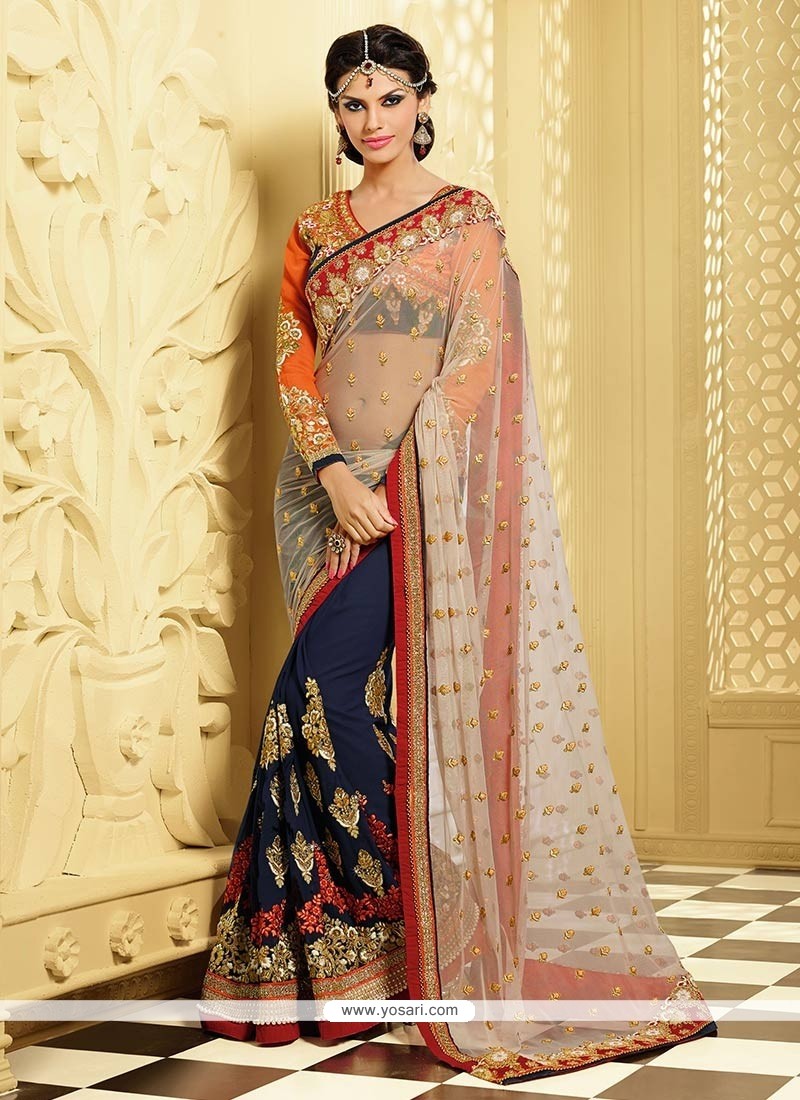 Blue And Cream Shaded Pure Georgette Half And Half Saree
