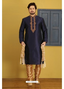 Navy Blue Art Banarasi Silk Kurta Pajama