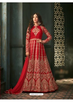 Red Silk Embroidered Floor Length Suit