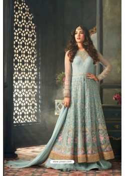 Sky Blue Net Embroidered Floor Length Suit